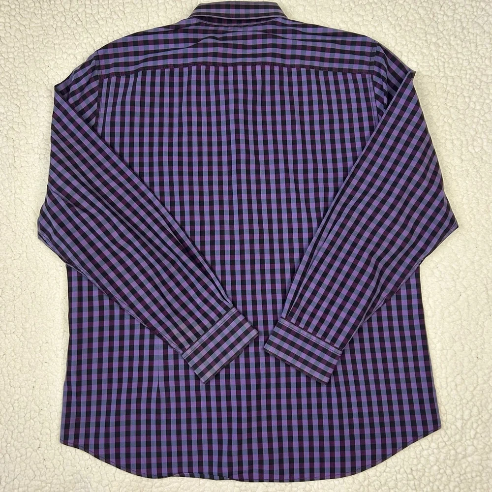 Kenneth Cole Button Down Shirt Men’s XL Purple Check Regular Fit Pocket Casual